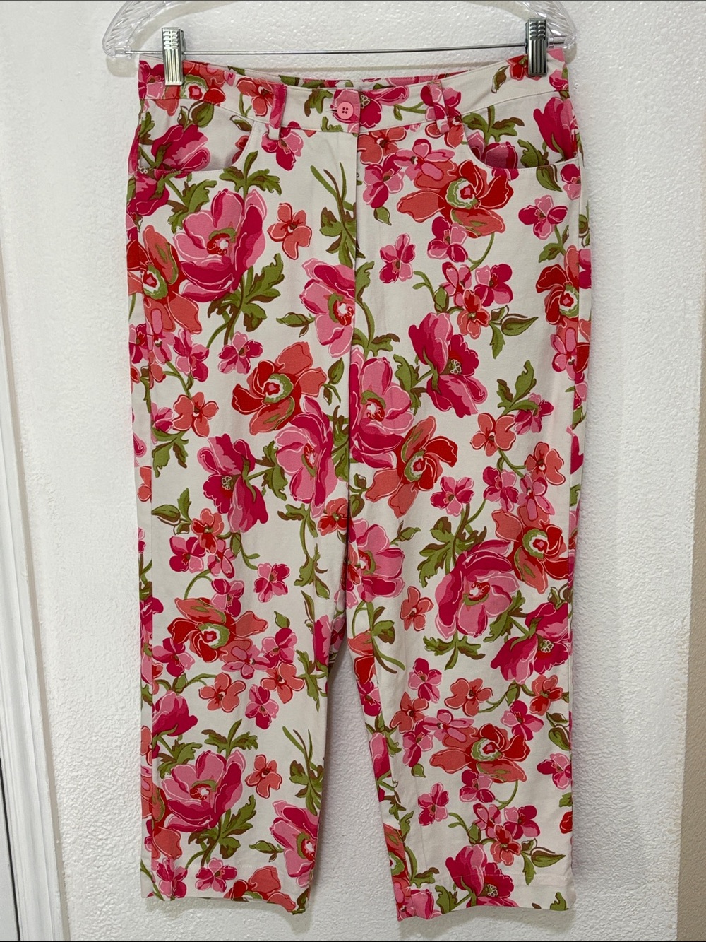 Talbots Pink Green Floral Stretch Cotton Blend Capri Pants Sz 8 Beltloops